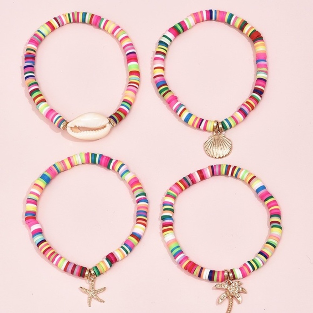 Colorful 4 piece stretch bracelet set gold charms sea shell palm tree